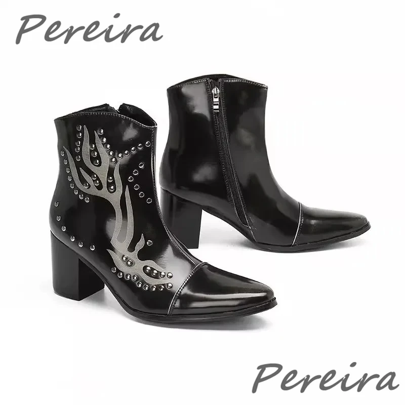 Pointed Toe Rivets Prints Short Boots Black Patent Leather High Heels Side Zipper Western Cowboy Boots Trendy Men's Dress Shoes