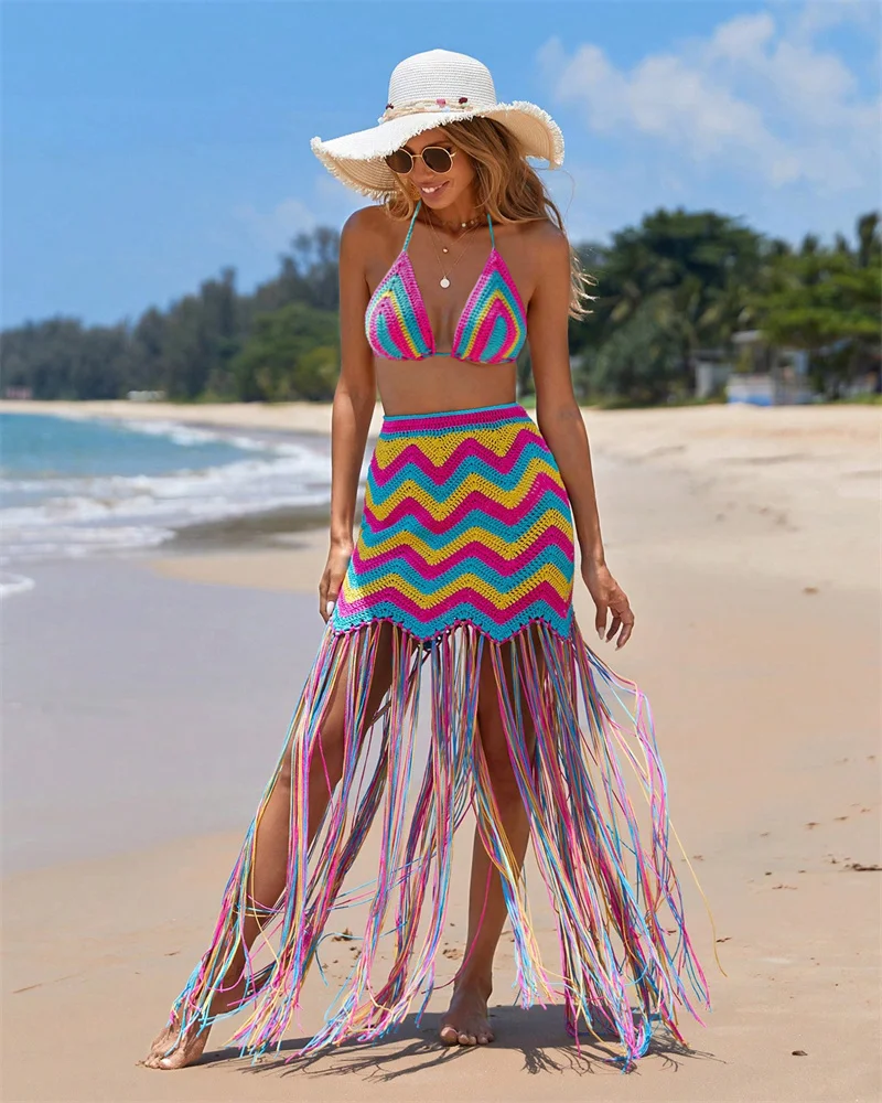 Sexy Women Beach Knitted Two Piece Sets Lace Up Halter Backless Top and Wave Striped Tassel Long Skirts Beachwear Knit Outfits