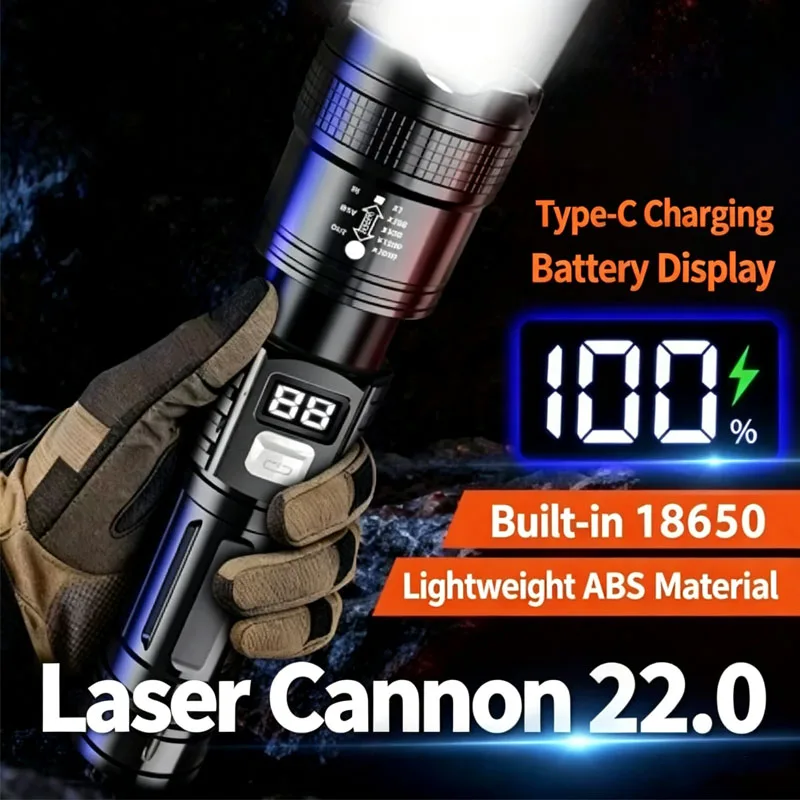 Zoomable Tactical Laser FlashlightHigh Brightness Long Distance BeamDigital Power DisplayDurable Hand Torch for Outdoor Camping