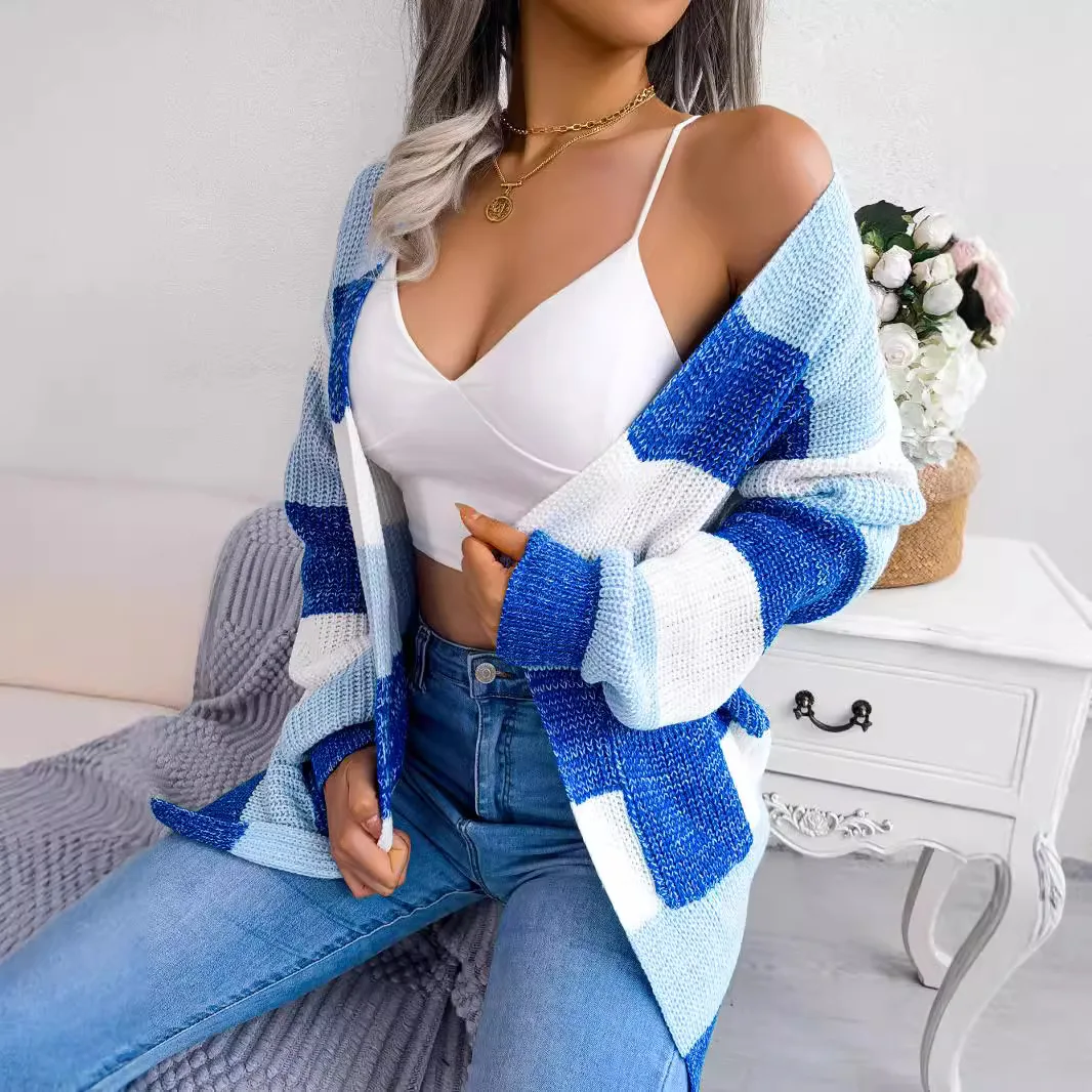 

2025 Autumn Winter Women's Sweater Tops Sweaters Women Female Color-block Striped Lantern Sleeve Casual Cardigan Sweater Jacket