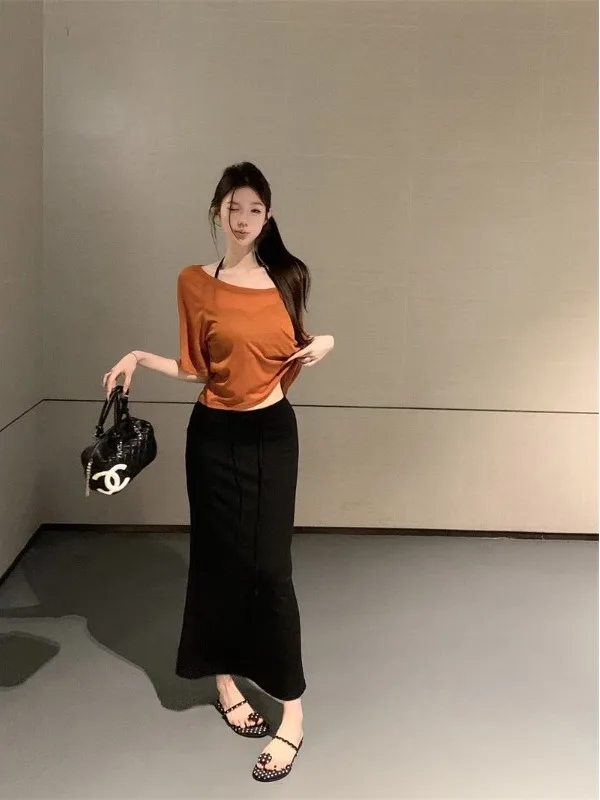 

Spring Summer Hot Girl Shoulder Bared Hanging Neck Vest Fish Tail Skirt Slimming Three Piece Set Fashionable Women's Ens...