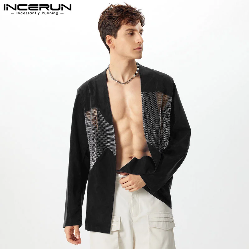 Sexy Fashion Style Tops INCERUN Men\'s Hollow Out Mesh Splicing Suit Coats Casual Clubwear Male Hot Sale Thin Long Sleeved Blazer