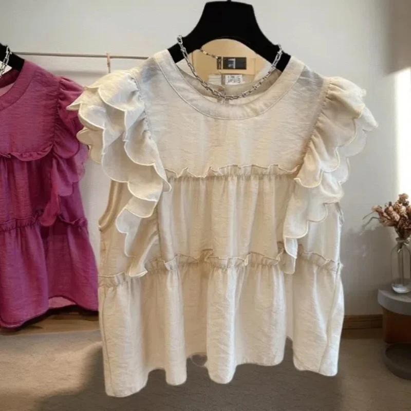 Summer Trendy Ruffle Sweet Chic Blouses New O Neck Solid Color Straight Chiffon Flying Sleeve Loose Casual Shirts Women Clothing