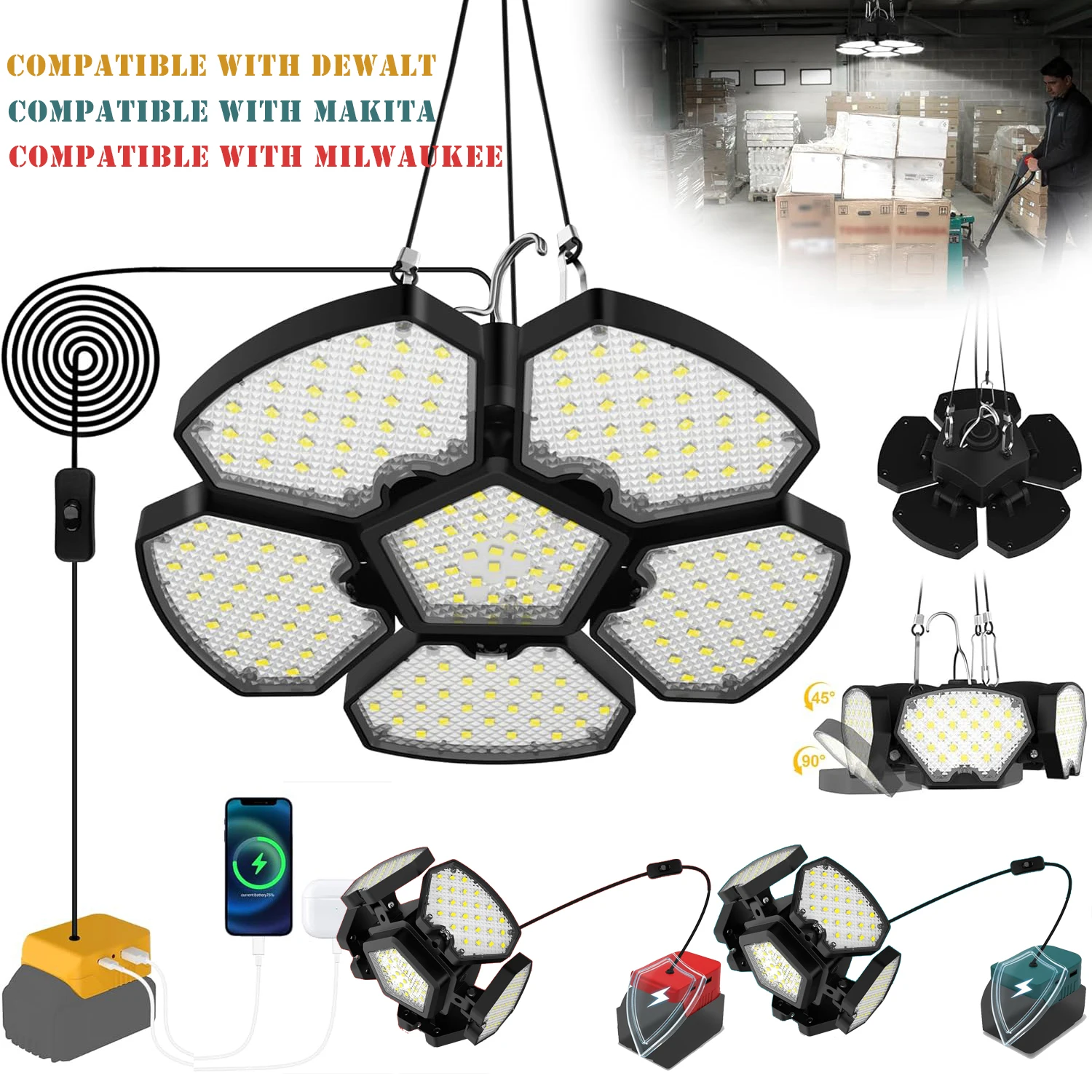 65w-6500lm-ledガレージ照明-dewalt-makita-milwaukee充電式led投光器キャンプライト対応-バッテリーなし