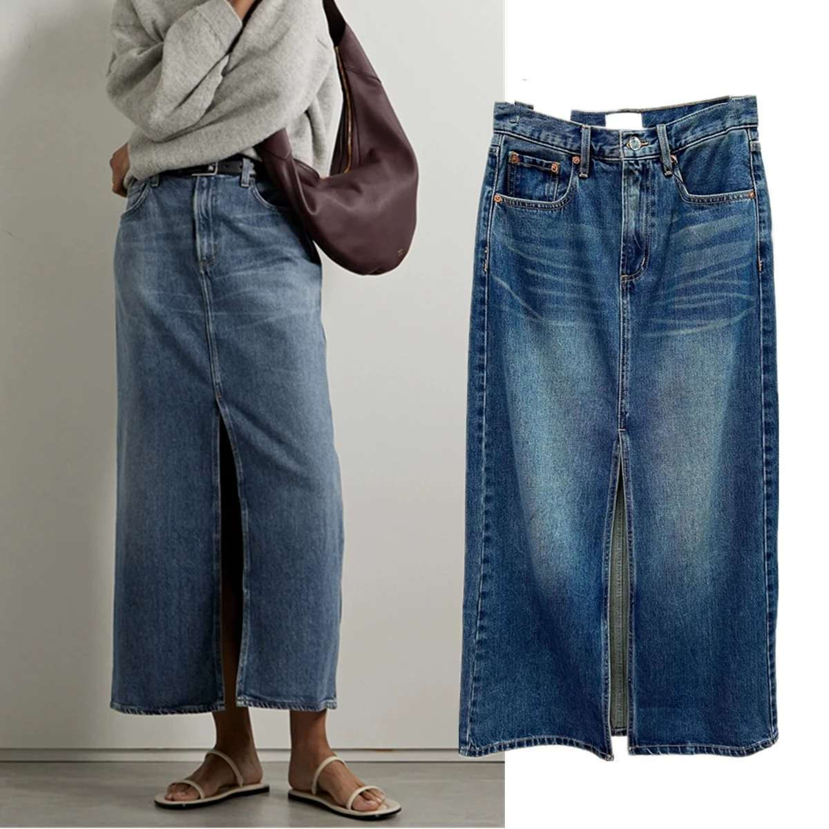 

Jenny & Dave 2026, весенне-летние винтажные джинсовые юбки с высокой талией и разрезом спереди, синяя ковбойская длинная юбка для женщин