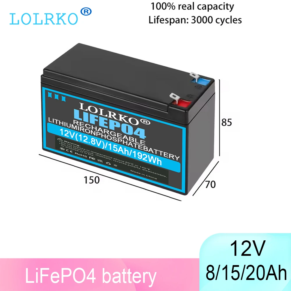 Аккумулятор LiFePO4 12В 8Ач/15Ач со встроенной BMS, 3000+ циклов зарядки, для солнечных батарей/ИБП/эхолотов/автодомов/динамо/лодок/наружного применения, литий-ионный аккумулятор 12.8В