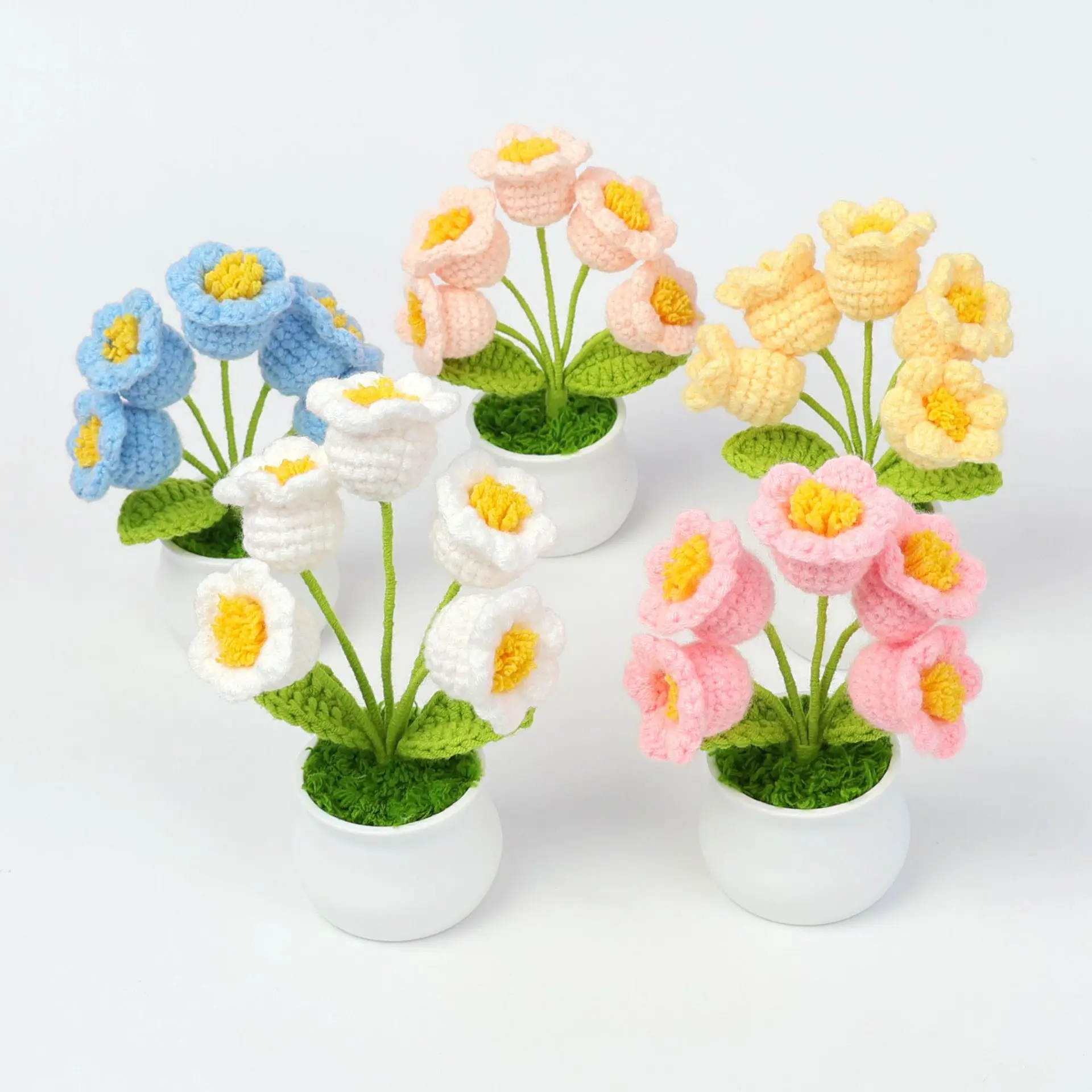 Handmade Crochet Lily Of The Valley Potted Stuffed Plants Finished Woven Bouquet Home Desktop Decor Christmas Graduation Gifts