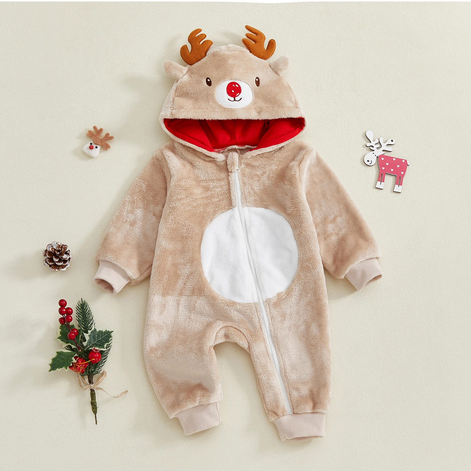 Baby Christmas Reindeer Romper Plush Long Sleeve Hood Zip Up Full Length Jumpsuit Fall Winter Winter Fuzzy Warm Playsuits
