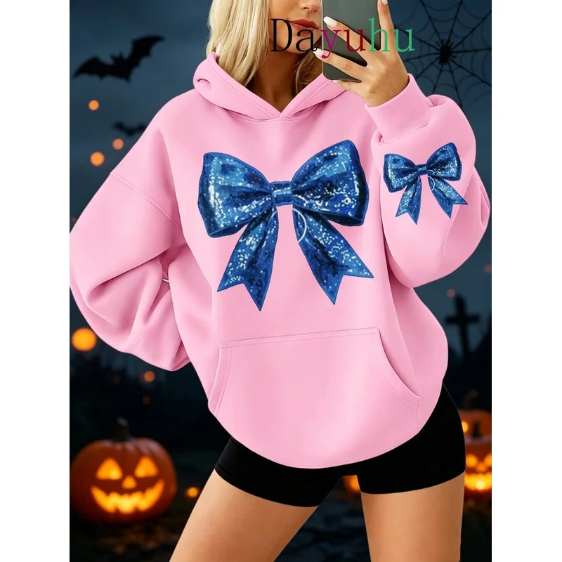 Y2K Halloween Oversized Blue Sequin Bow Pullover Hoodie Autumn Winter Streetwear Casual Aesthetic Vintage Sweatshirt