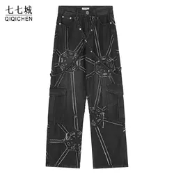 Mens Streetwear Jeans Vintage Spider Net Splicing Straight Baggy Denim Pants Hip Hop Casual Black Cargo Jeans Spring Trousers