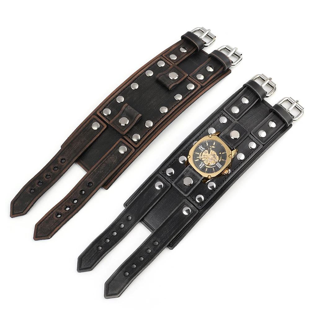 Mens Retro Leather Bund Watch Strap 20mm Black Coffee Wide Leather Bracelet Cuff Watch Strap Steampunk Rock Rivet Watch Band
