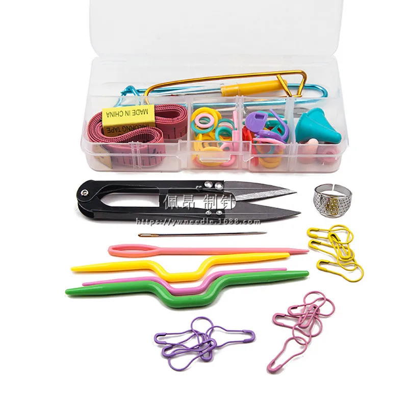 

A 58-piece DIY knitting tool set includes handcraft accessories such as scissors, needle stoppers, and stitch markers.