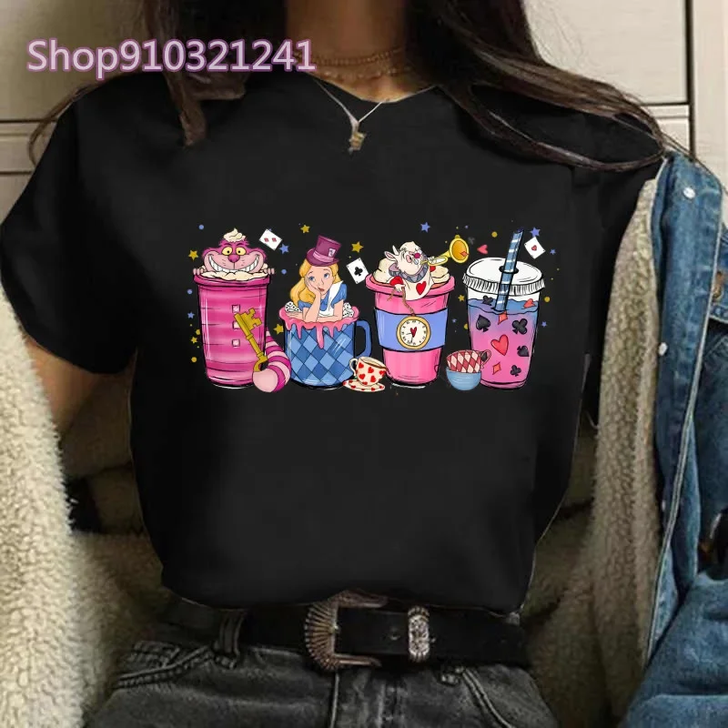 Women Cartoon Coffee T-shirt Alice in Wonderland Print Princess T-shirt Female Summer Tops Graphic Black T-shirt