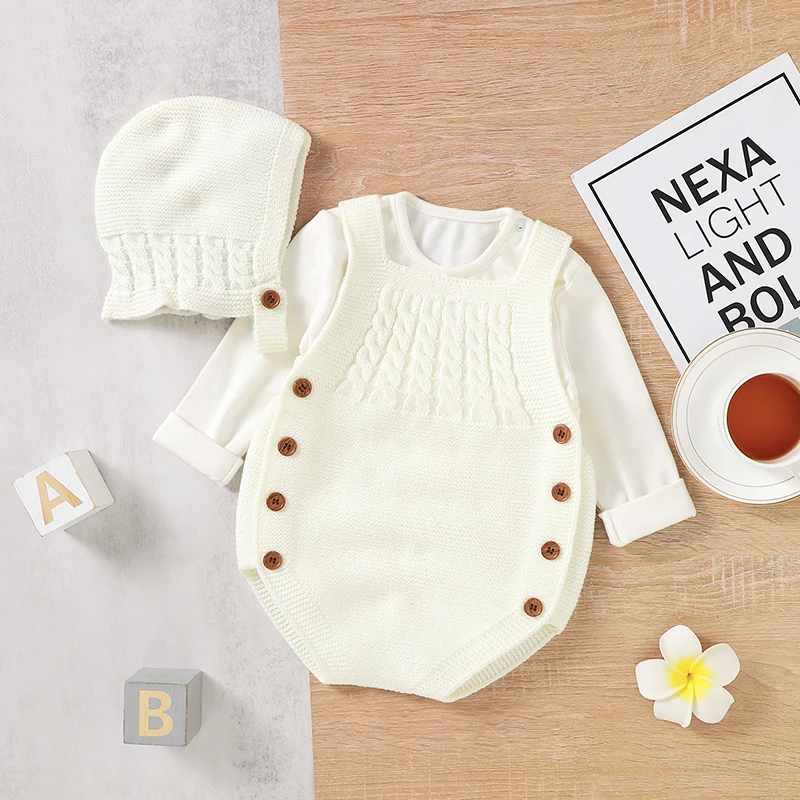 

Baby Bodysuits Caps Clothes Sets Casual Sleeveless Newborn Boys Girls Onesie Coveralls 0-18m Infant Netural Solid Knit Costumes