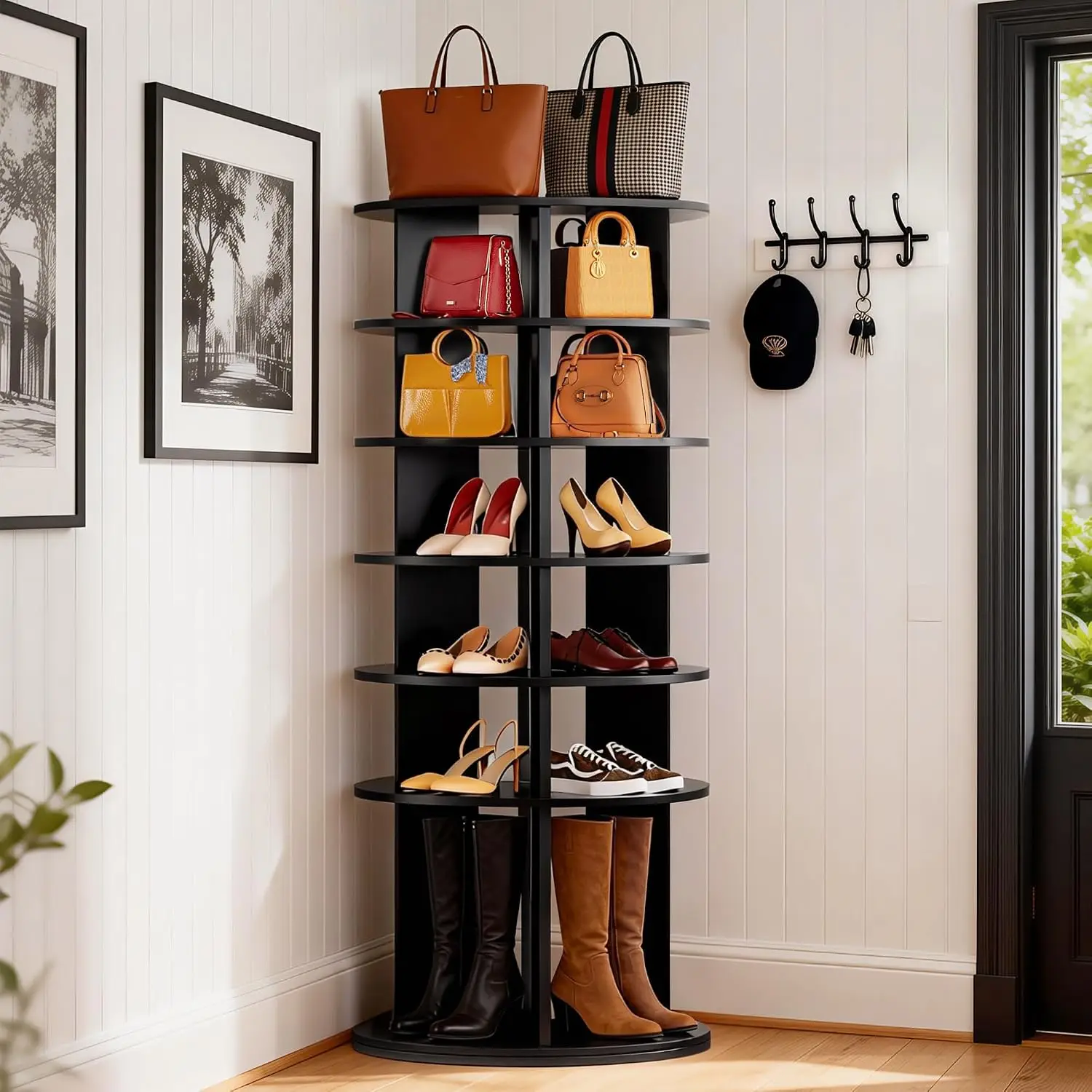 6-Tier Rotating Shoe Rack, 360° Spinning Organizer for Shoes Handbags Boots, Space-Saving Vertical Closet Bedroom, Customized