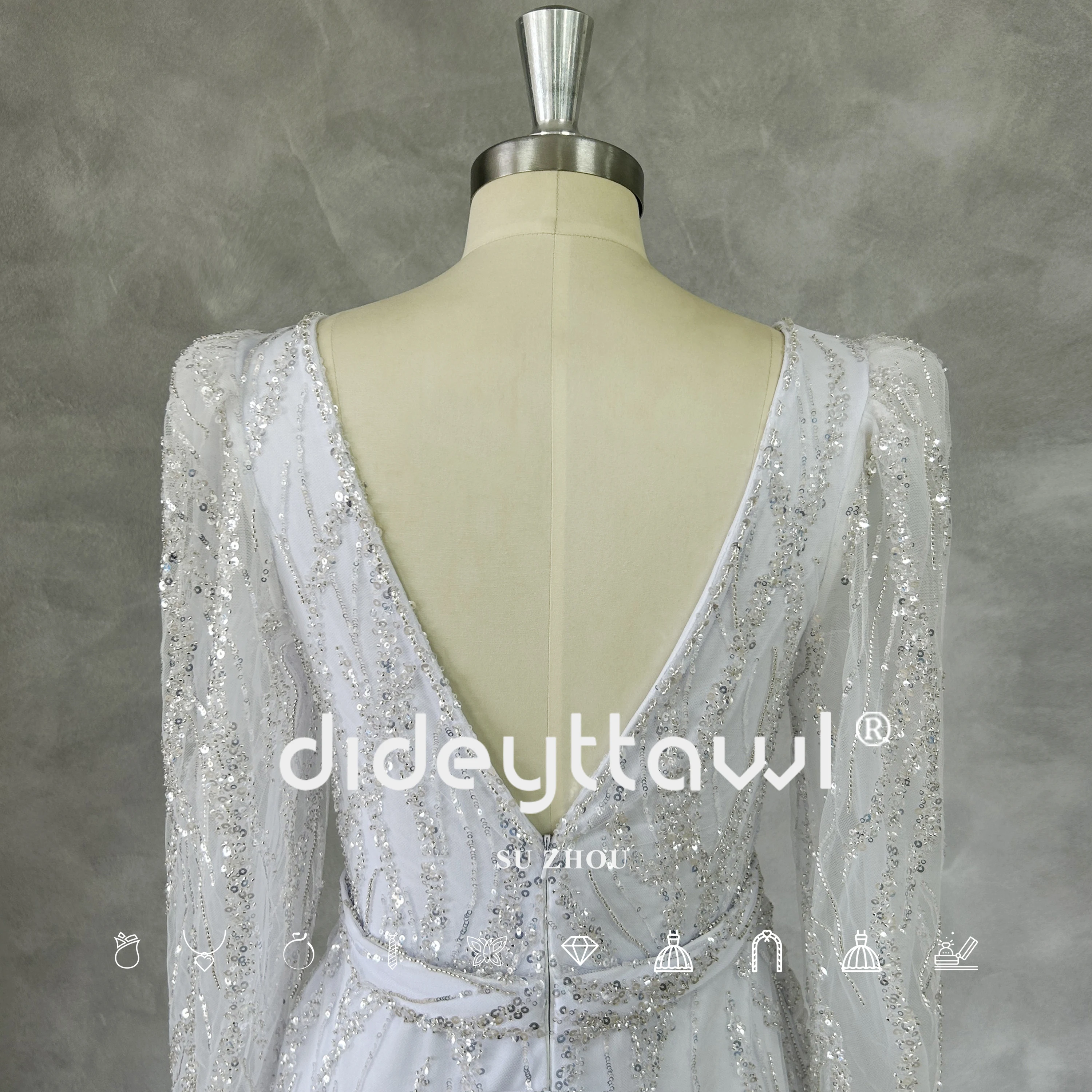 DIDEYTTAWL Real Picture Deep V-Neck Long Puff Sleeves Mini Wedding Dresses Sheath Shiny Tulle Knee Length Short Bridal Gown