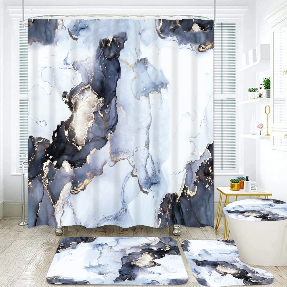 Gray Marble Shower Curtains Texture Luxury Crack Stone Grain Bathroom Curtain Toilet Lid Cover Non-Slip Carpet Bath Mat Set