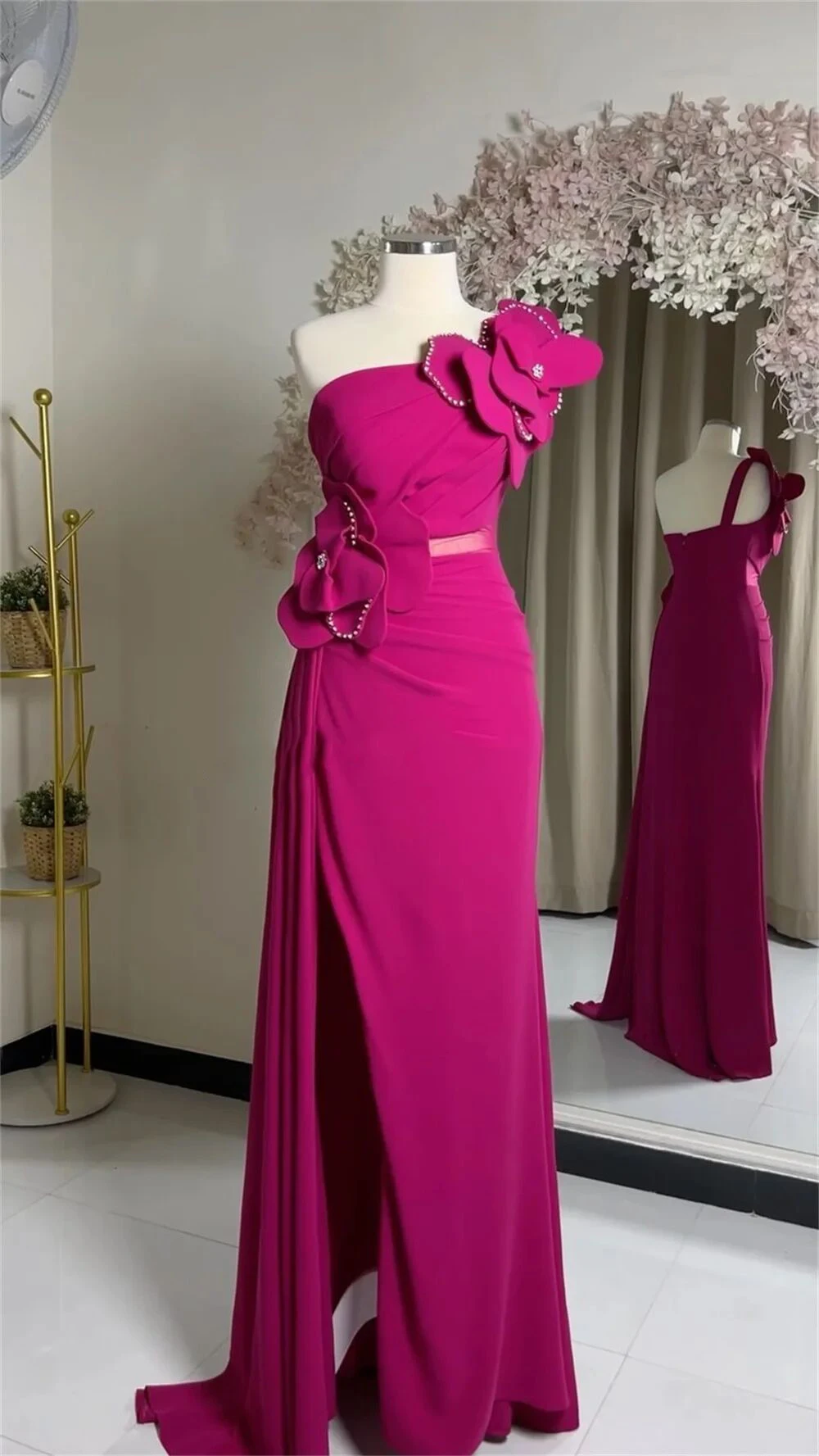 Customized High Quality Jersey A-Line Crystal 3D Flowers Evening Dress Temperament One Shoulder Strapless Occasion Gowns