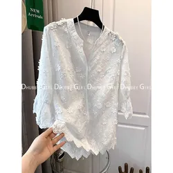 2023 Elegant Blouses Summer New Stereoscopic Embroidered White Lace Shirt Cotton Blouse Floral Short Sleeve Woman's Shirt