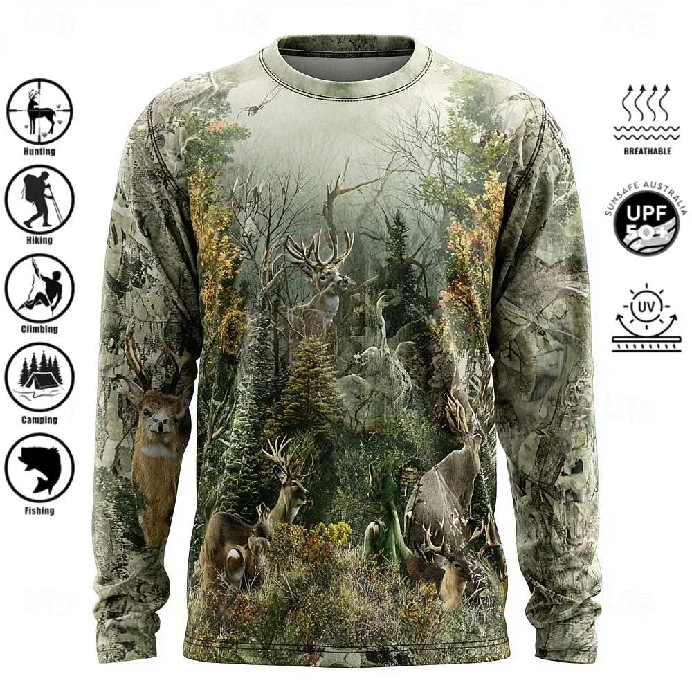 Men Long Sleeve T-shirt Polyester 3D Print Camo UPF50+ UV Protection Crew Neck Breathable Fishing Hunting Hiking Outdoor Tops view 4