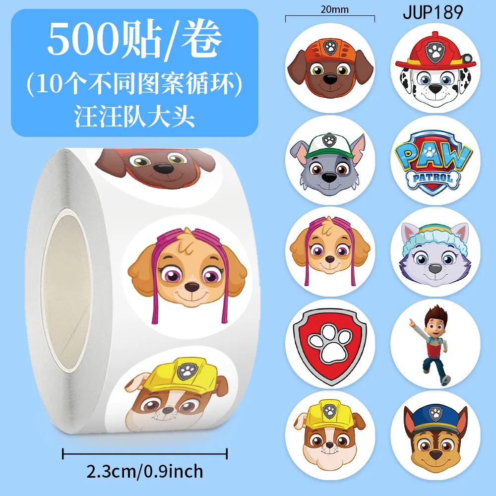 Autocollant de scellage de dessin animé PAW Patrol, 500 pièces/rouleau, autocollants de décoration pour ordinateur portable en PVC, jouets cadeaux de récompense, DIY bricolage