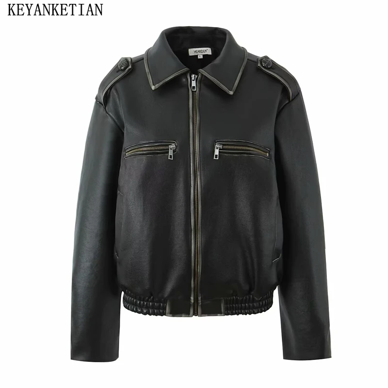 KEYANKETIAN 2024 Autumn/Winter New Women's Epaulet Decoration Imitation leather Jacket Street style Zipper Loose Short Blazer