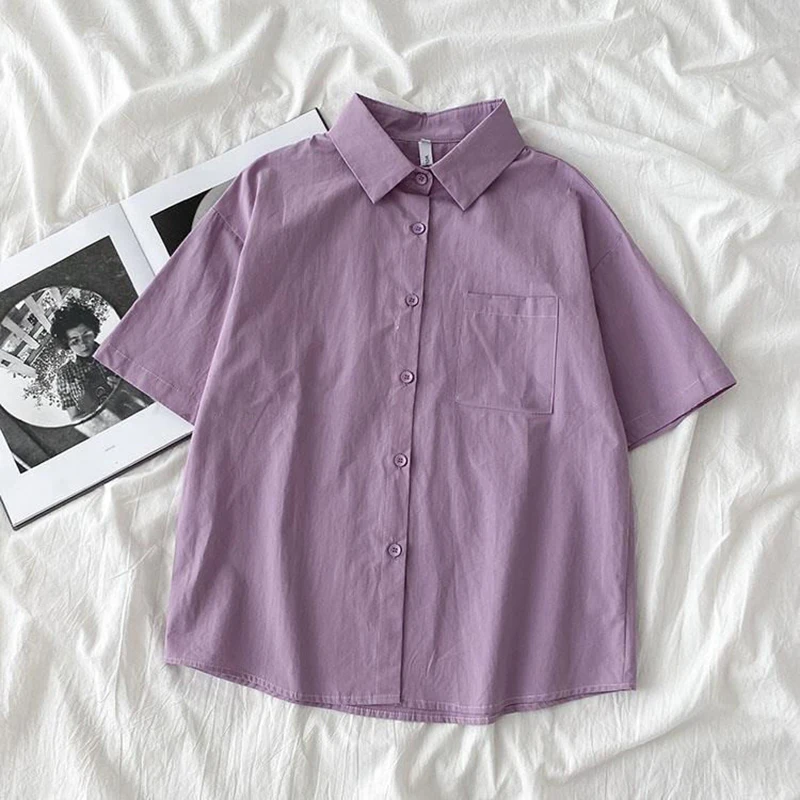 Solid Color Loose Casual Women Shirts 2022 New Summer Turn Down Collar Short Sleeve Korean Style All-Matched Female Blouse S-4XL