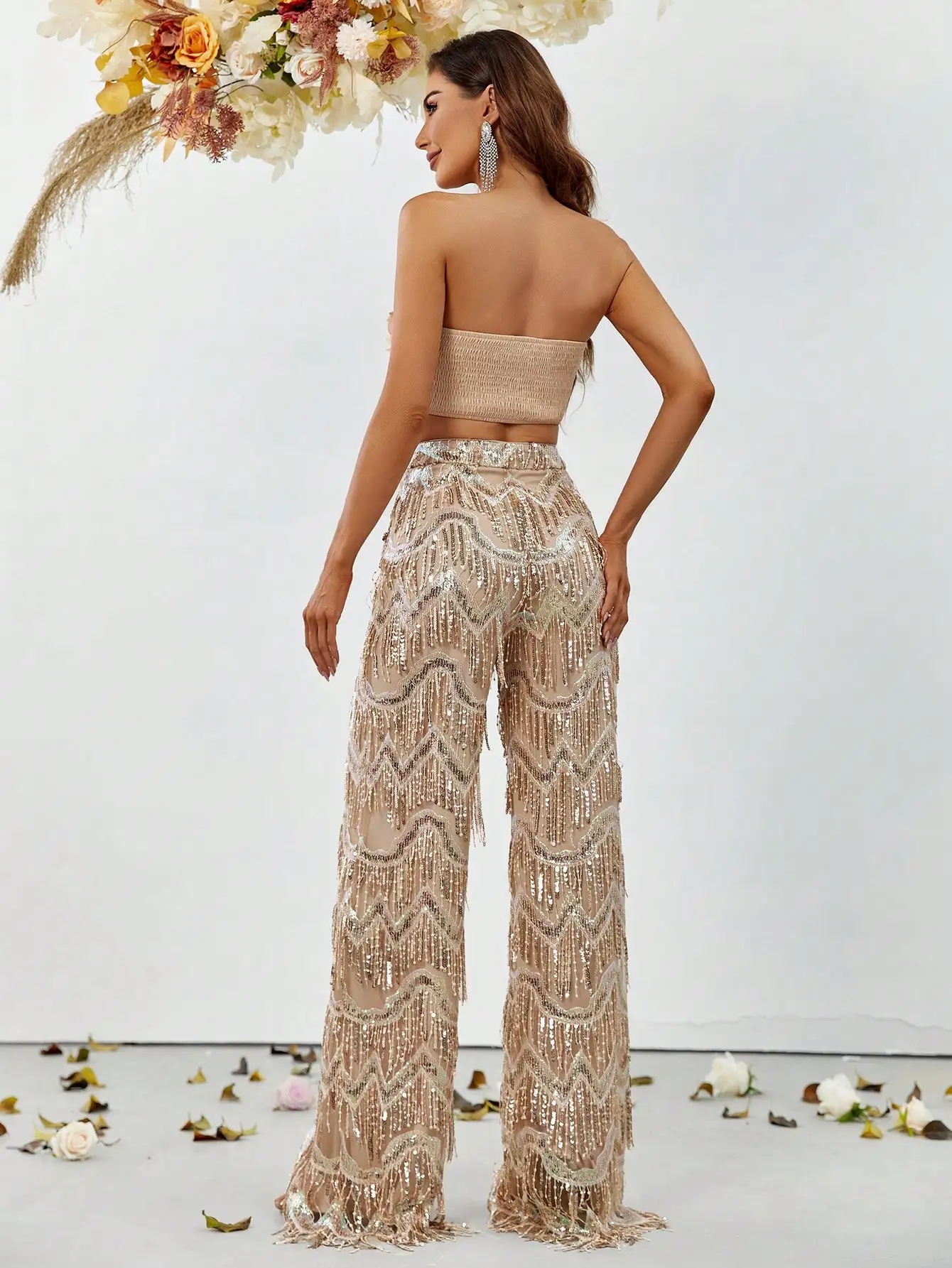 3D Flower Tube Top & Sequin Fringed Pants