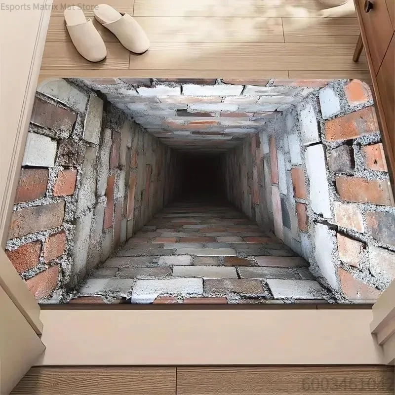 3D Optical Illusion Hole Doormat Brick Wall Bottomless Hole Creative Design Carpet Retro Industrial Style Non-Slip Visual Rug