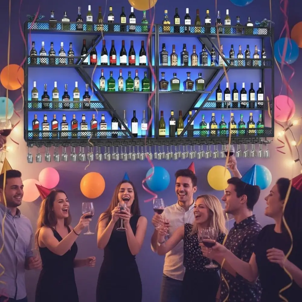 

Светящаяся светодиодами металлическая настенная винная полка с держателем для бокалов, 59 черно-синяя, для домашнего бара и столовой