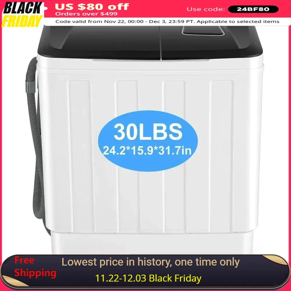 Portable Washing Machine, Twin Tub 30Lbs Washer and Spin Dryer Combo with Built-in Drain Pump, Compact Laundry Washer