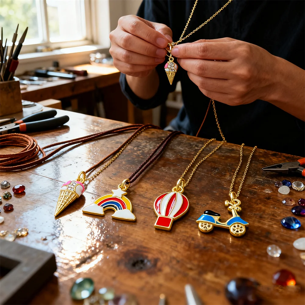 

4Pcs Pendants Enamel Zircon Colorful Rainbow Ice Cream Scooter Hot Air Balloon Charms for DIY Jewelry Necklace Bracelet Making