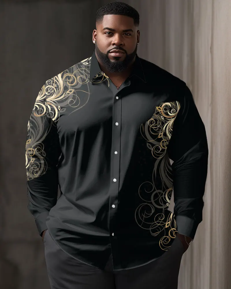 Biggmans Plus Size Shirt For Men\'s Clothing Summer Black Dragon Printing Long Sleeve Single Deduction Customization 7XL 8XL 9XL