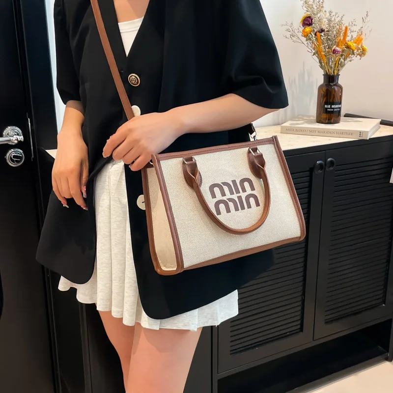 

Портативная женская сумка-тоут, новая простая льняная сумка через плечо контрастного цвета