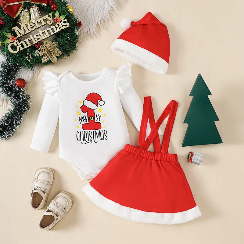 

VISgogo Baby Girl Christmas Outfits Letter Print Long Sleeve Romper Suspender Skirts Hat 3Pcs Fall Clothes Set