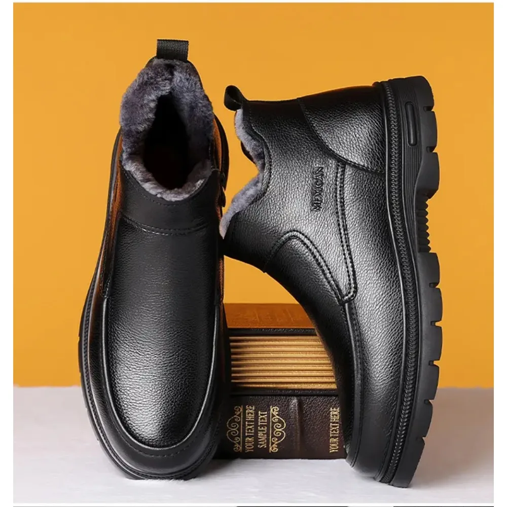 

Cold Winter Men Genuine Leather Boots Quality Thick Wool Warm Snow Boots Outdoor Waterproof Rubber Fur Climbing Shoes