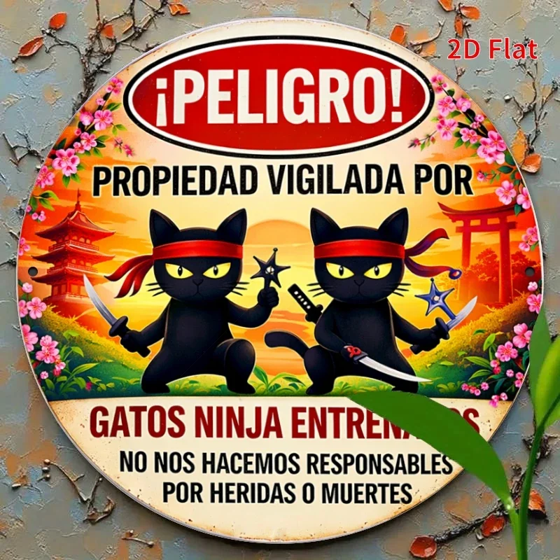 2D Flat, Ninja Cat Vigilante Warning Sign-Spanish Retro Wall Decor Suitable for Cat Lovers,Novelty Entryway Decoration for Porch