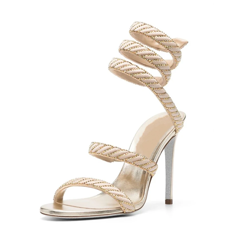 

Ankle Wrap Cross Straps Women's Banquet Stiletto High Heels Sexy Crystal Rhinestone Sandals Round Open Toe Shoes