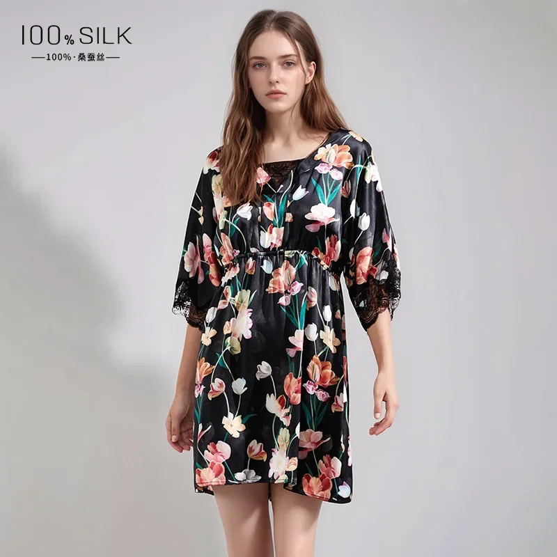 

Floral 100% Mulberry Silk Women Nightdress Lace Trim Mini Nightgown Half Sleeve Pijamas Sleepdress Casual Sleepwear Nightgowns