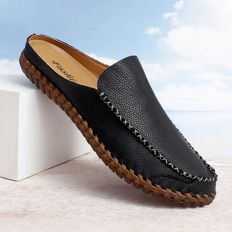 Plus Size 38-48 Handmade Mules Mens Backless Loafers Slippers Half Shoes For Men Slide Closed Toe Sandals Semi-Drag Casual Shoes