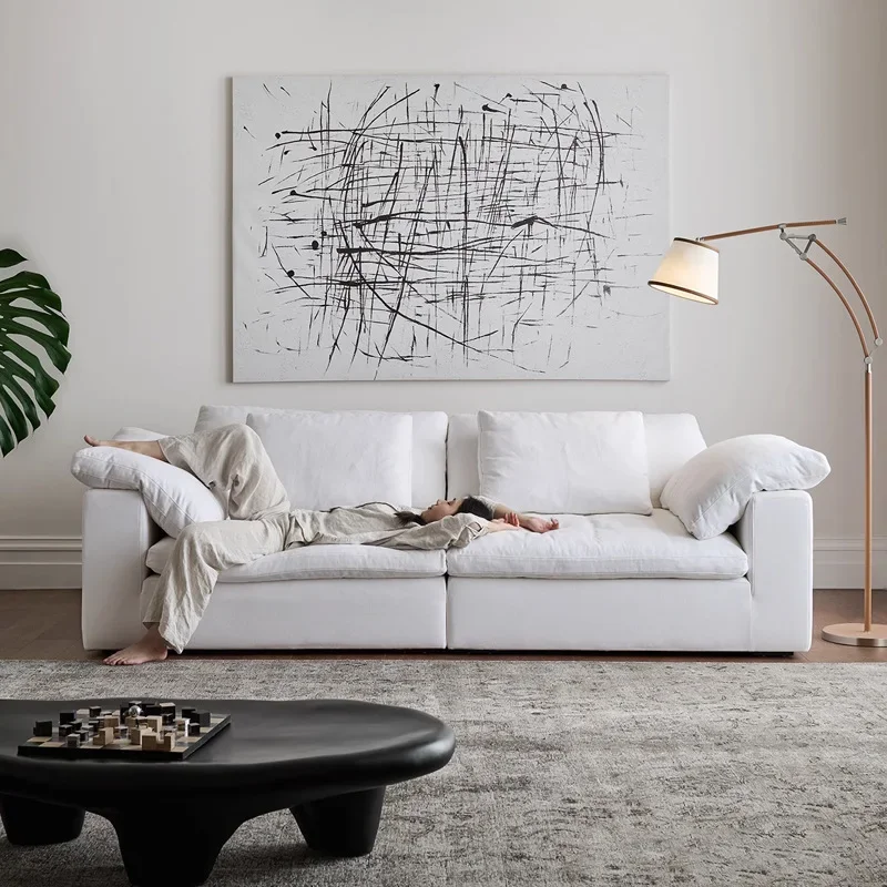 Sofa Lazy Simple Linen Cotton Fabric Down Cream Straight Row Cloud Sofa