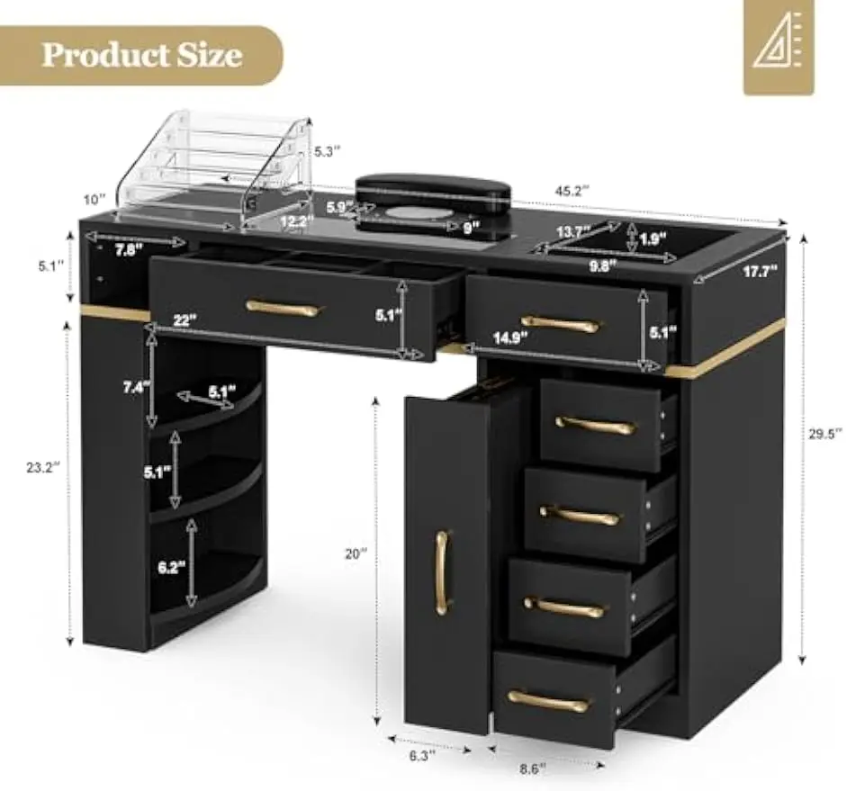 Nail Table Station Dust Collector Glass Top Manicure Desk 7 Drawers 3 Tiers Open Shelves Beauty Workstation Wrist Cushion Acryli