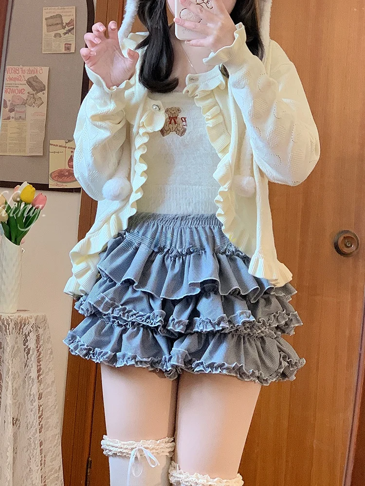 Dark Lolita Pumpkin Pants Women's Safety Shorts Plaid Skirt Underwear Anti-Light Cake Skirt Bottoms Summer Thin Polyester