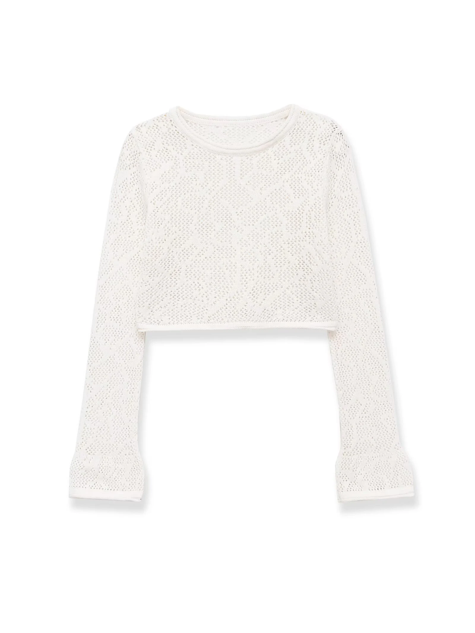 Europäischer und amerikanischer Stil, Sommer-Neuheit für Damen, schlichtes, langärmliges, rundhalsiges, lässiges, gestricktes Kurztop mit Lochmuster.
