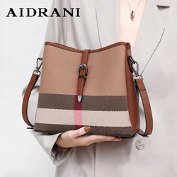 Aidrani  Classic genuine leather women's shoulder bag, large capacity checkered crossbody bag, canvas patchwork cowhide design