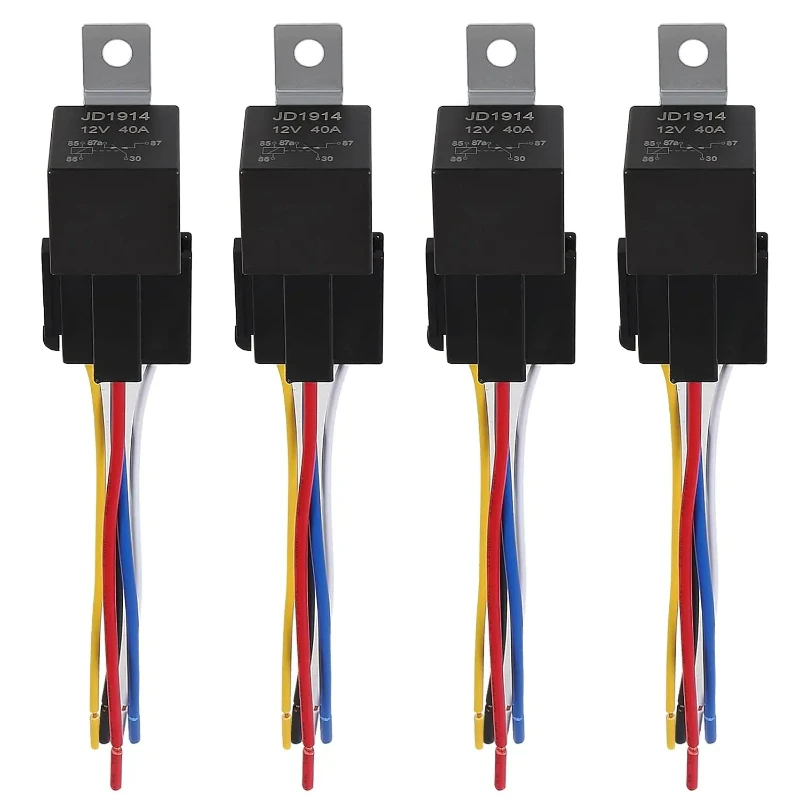 

4 sets of JD1914 12V 40/30 amp DC waterproof relays and wiring harness with 12AWG wiring harness socket, 5-pin SPDT relay