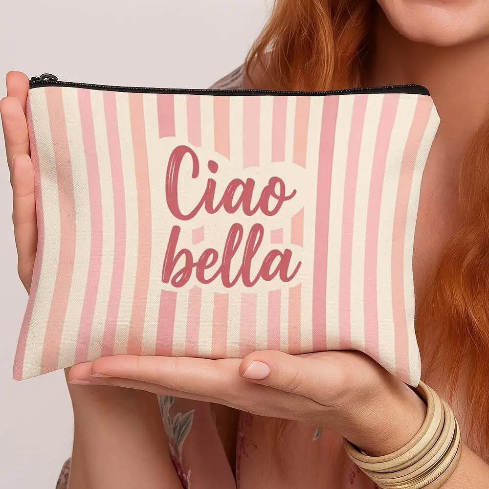 Minimalist Modern Toiletries Bags Cute Pattern Ciao Bella Text Stripe Pink Elegant Italian Style Design Makeup Bags Travel Bags