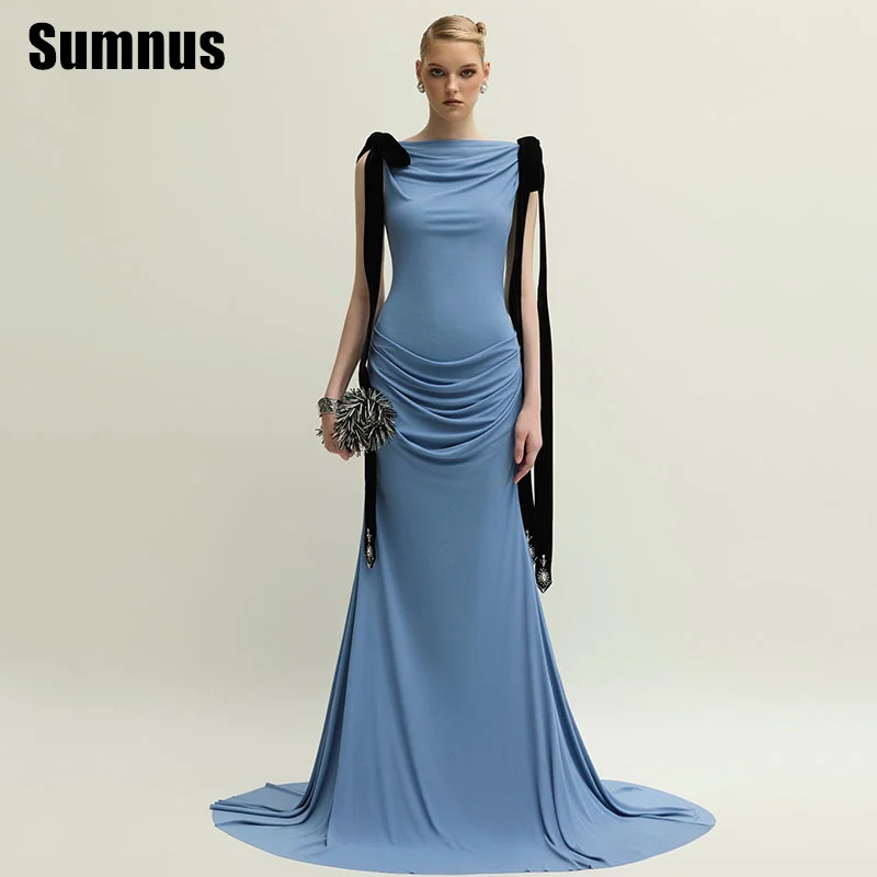 

Sumnus Elegant Blue Mermaid Evening Dress Pleats Floor Length Sleeveless Prom Dresses 2025 فساتين سهرة Customized