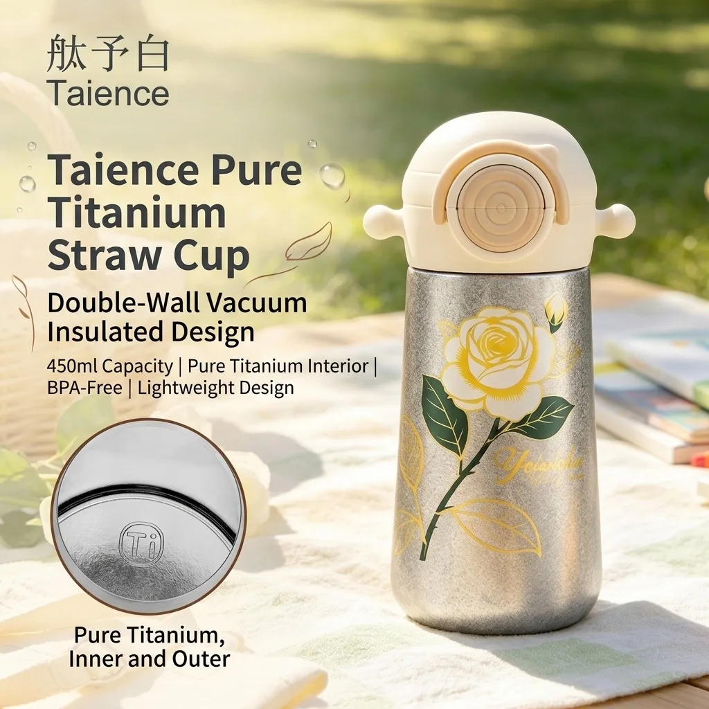 Taience Titanium Water Bottle 450ml Insulated Tumbler with Straw 3 in 1 Lid Leak Proof Lightweight for Kids Adults GiftTotal
