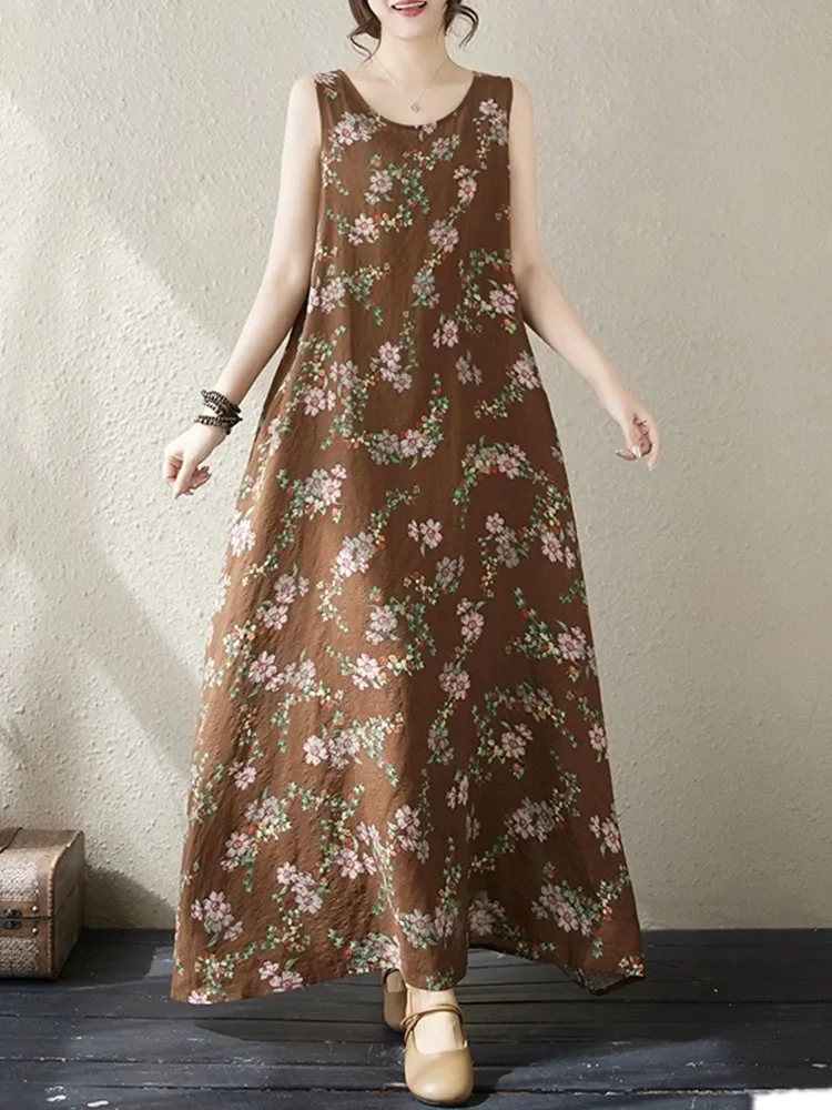 فساتين قطنية عتيقة بدون أكمام كبيرة الحجم جديدة في الفساتين للنساء فستان صيفي طويل فضفاض غير رسمي ملابس أنيقة 2025 #6